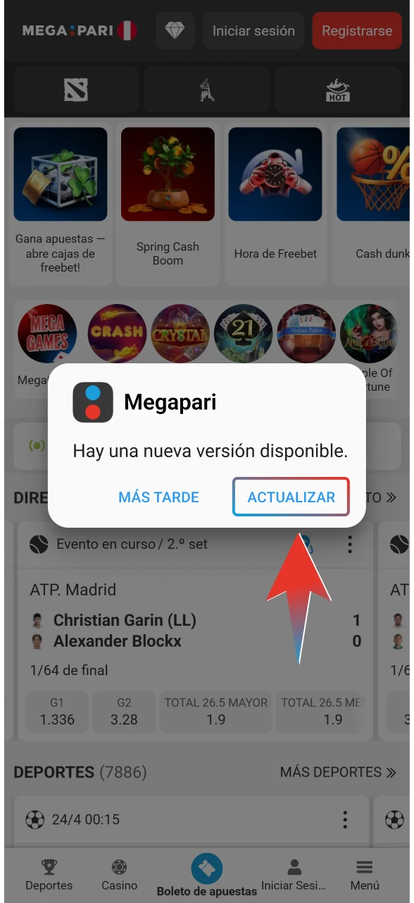 Abre la aplicación de Megapari y acepta la notificación de actualización para instalar las nuevas funciones y mejoras de seguridad.