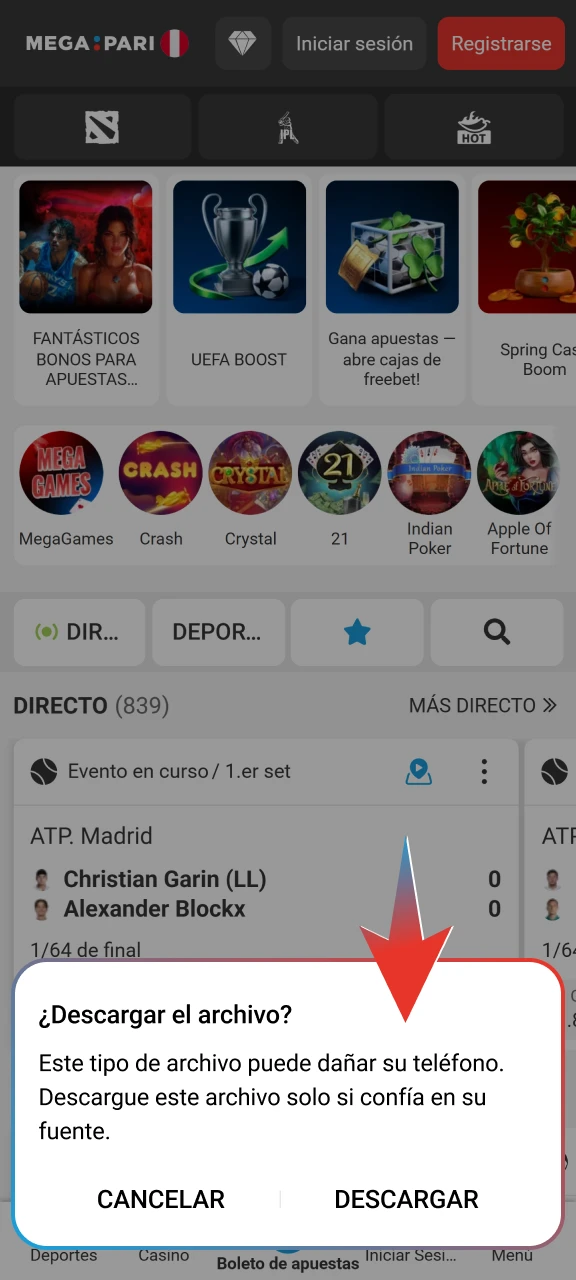 Presiona aceptar en el aviso de tu navegador para permitir que el instalador de Megapari se guarde en tu equipo.