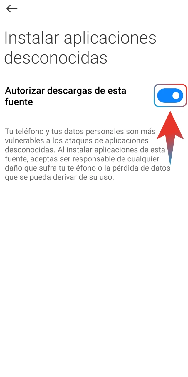 Ve a los ajustes de seguridad de tu móvil y autoriza la instalación de aplicaciones de Megapari.