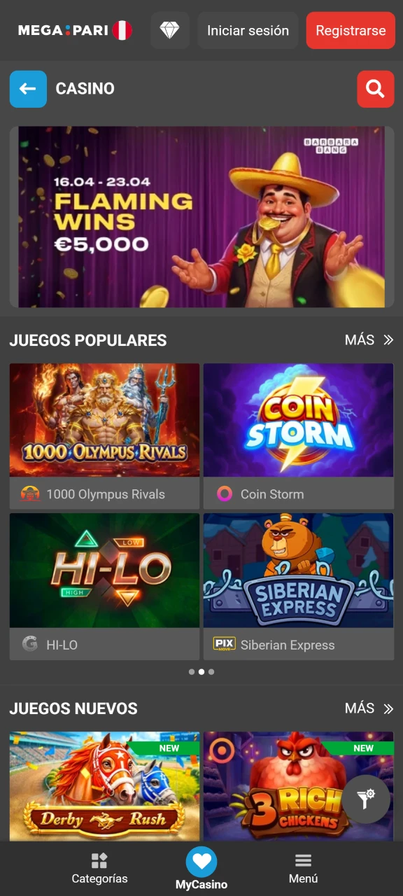 Explora miles de tragamonedas y juegos de mesa premium desde la sección de casino de Megapari.