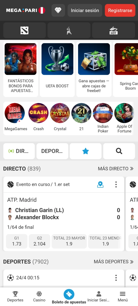 Entra a la pantalla de inicio de la app Megapari y descubre un mundo de apuestas al instante.