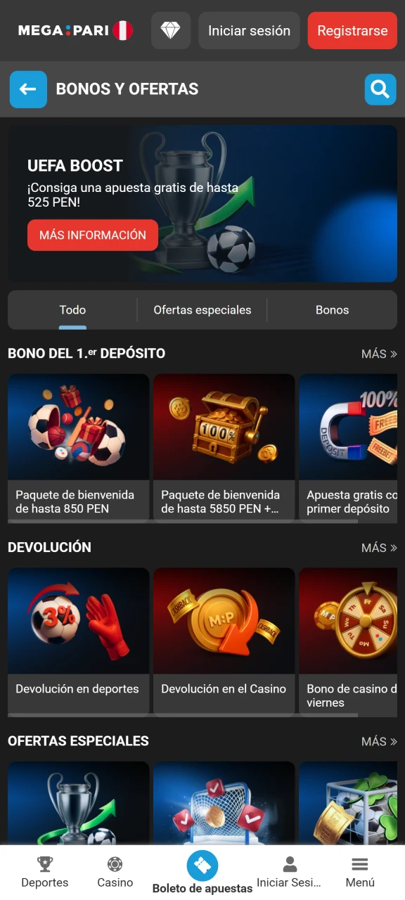 Reclama bonos exclusivos para dispositivos móviles en la sección de ofertas de la aplicación Megapari.