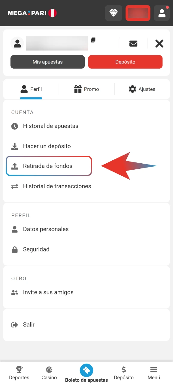 Accede a tu perfil personal en la app de Megapari y selecciona la opción para gestionar tus fondos.