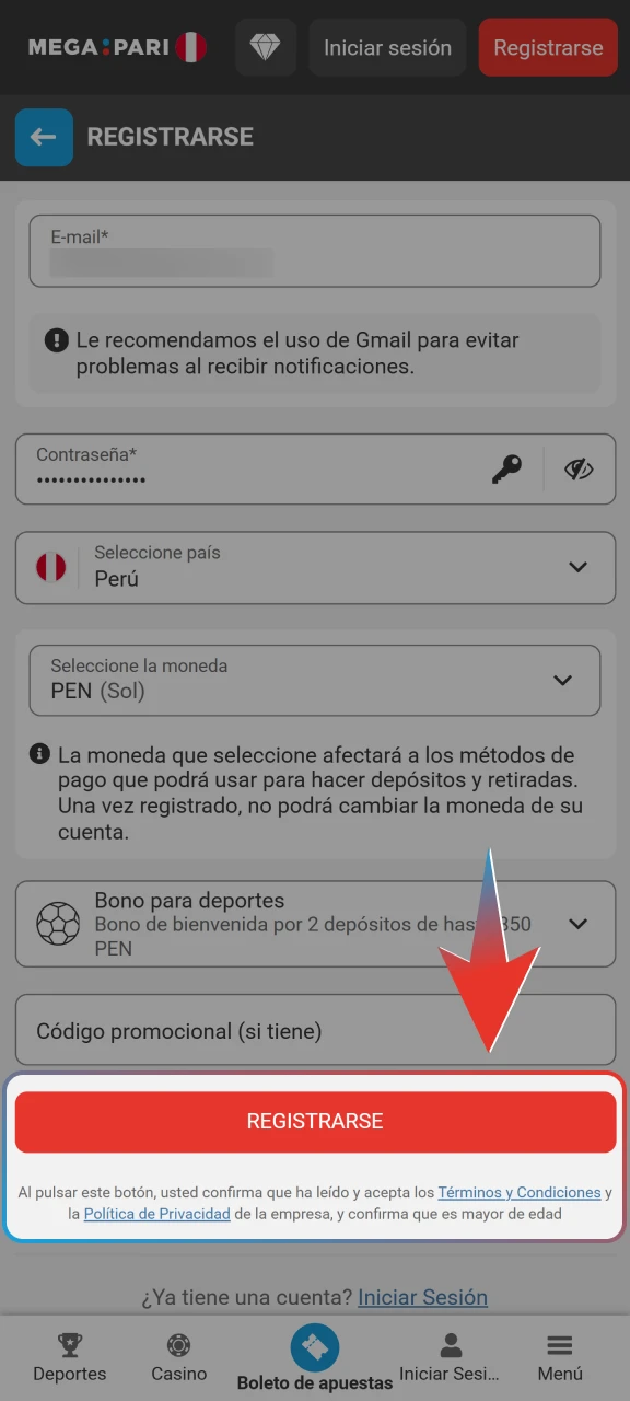 Marca la casilla de conformidad con las reglas de Megapari y confirma tu cuenta para empezar a apostar.