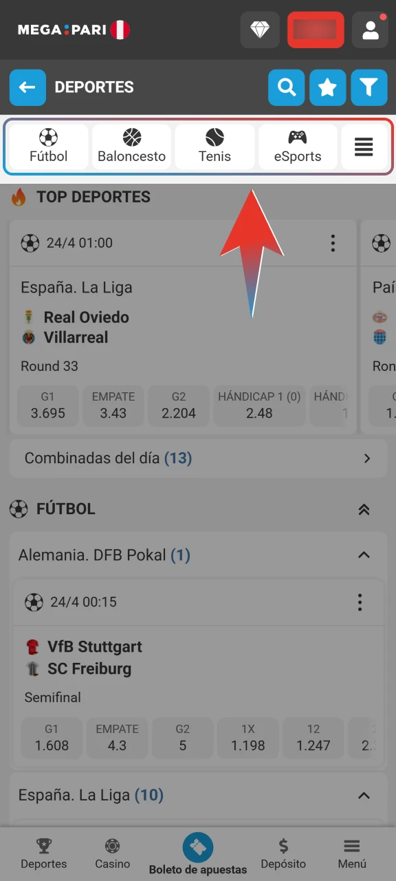 Selecciona tu sección favorita entre deportes o casino dentro de Megapari.