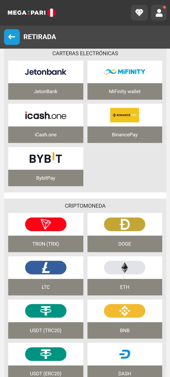 Escoge tu medio de pago preferido, escribe la cantidad a retirar y valida la operación en Megapari.