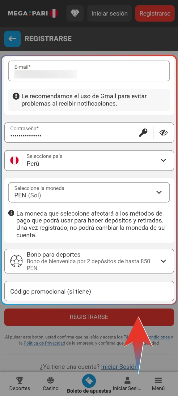 Completa el formulario de Megapari indicando que te encuentras en Perú y que prefieres operar en Soles.