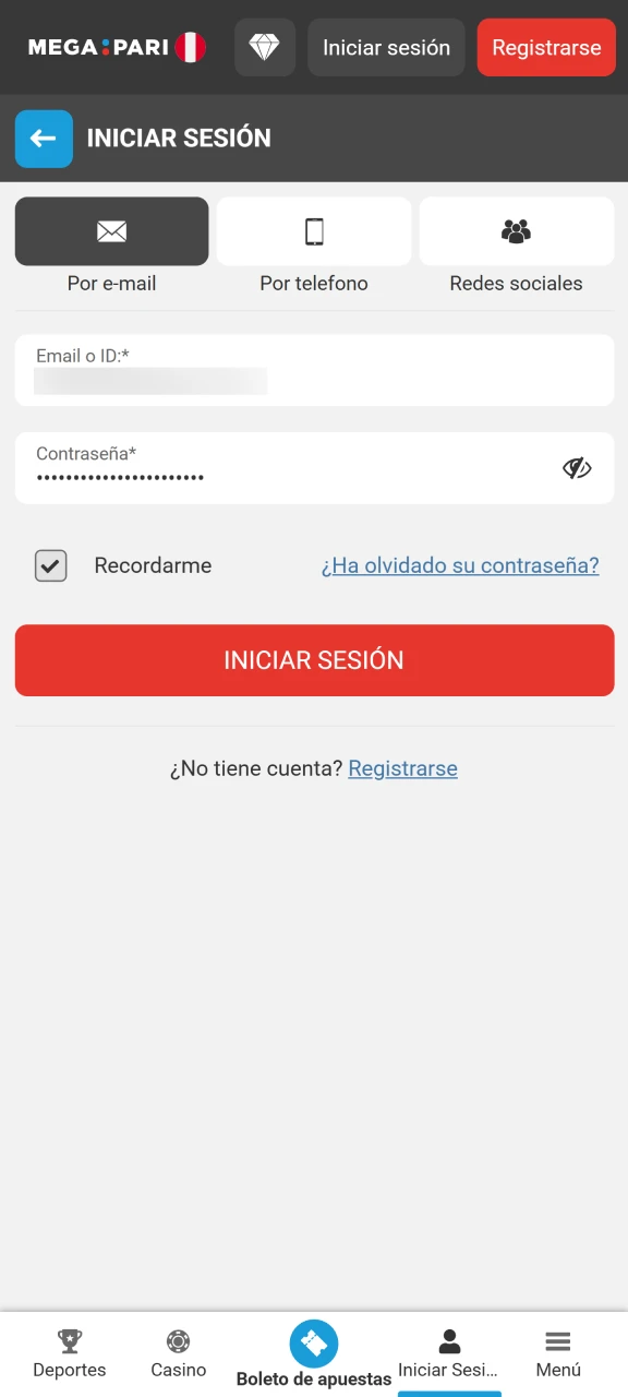 Accede a tu perfil de Megapari para comenzar a jugar ahora.
