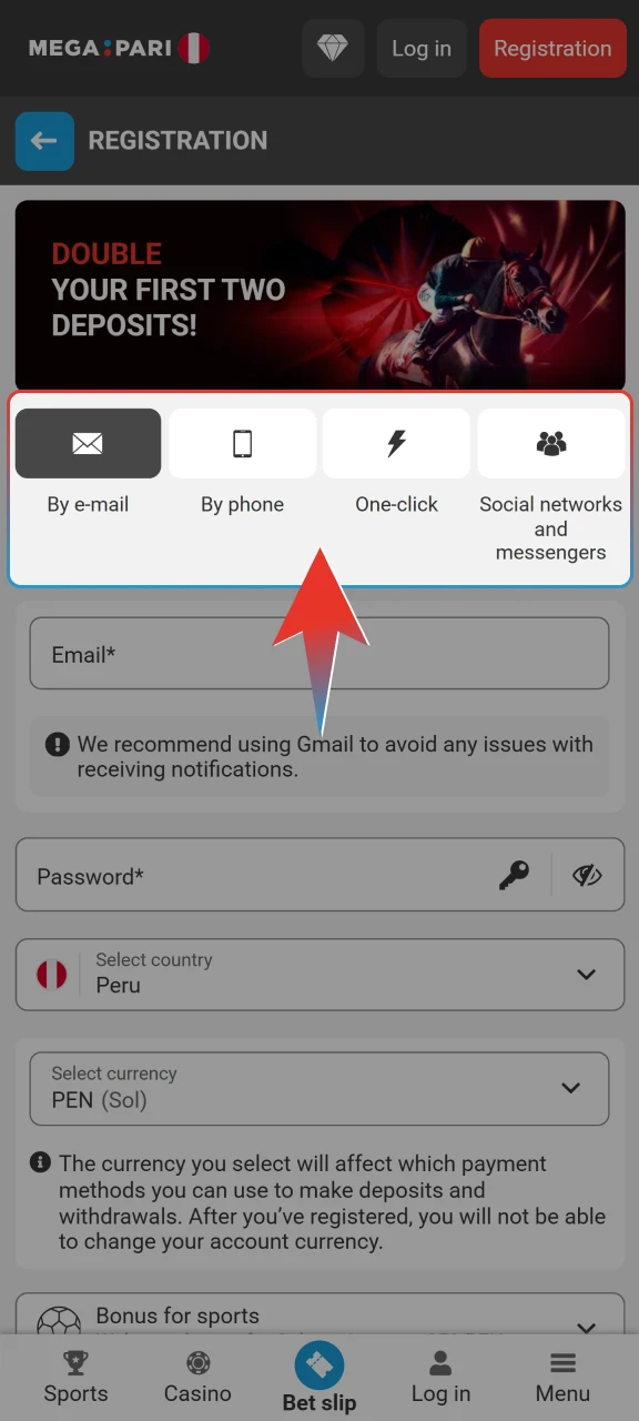 Click register and select your preferred signup method at Megapari now.