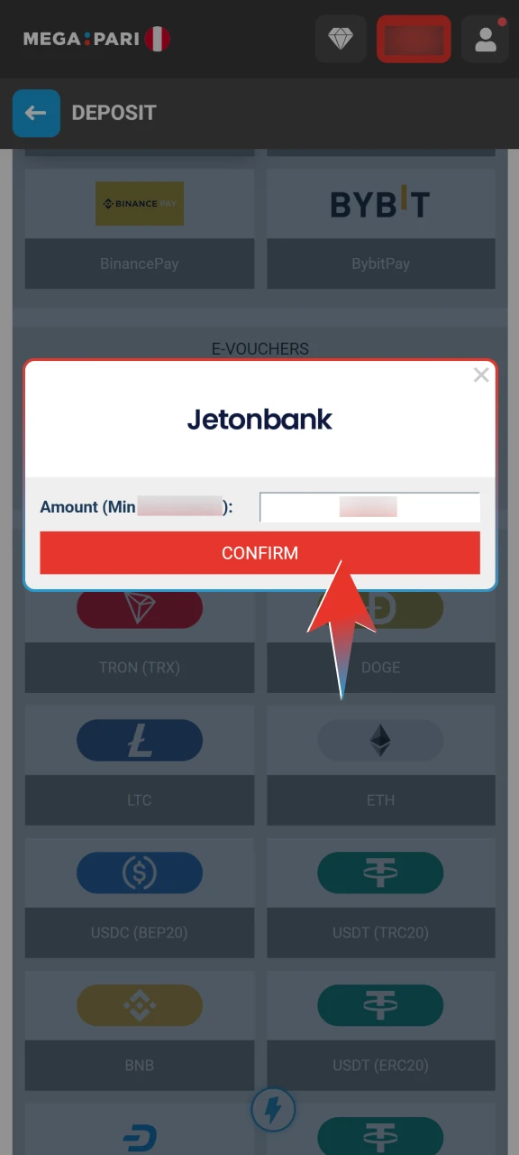 Confirm your deposit to receive your balance instantly in Megapari.