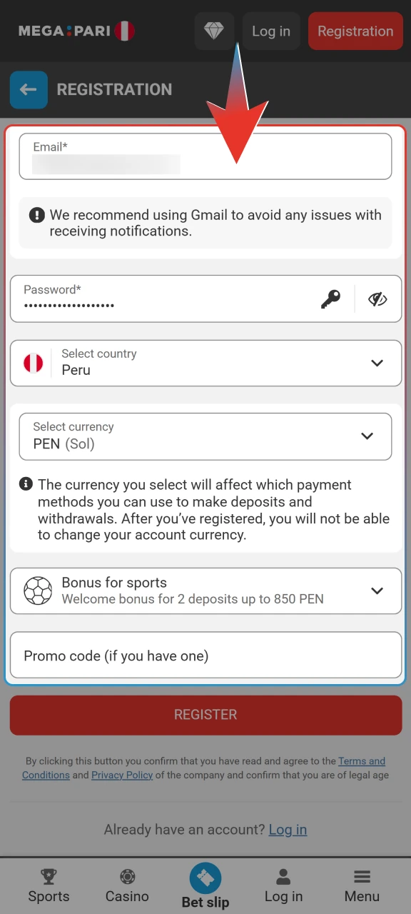 Enter your details and select your currency to join Megapari Peru.