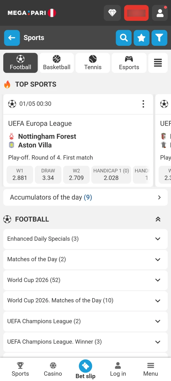 Choose an event and a betting market within the Megapari app.