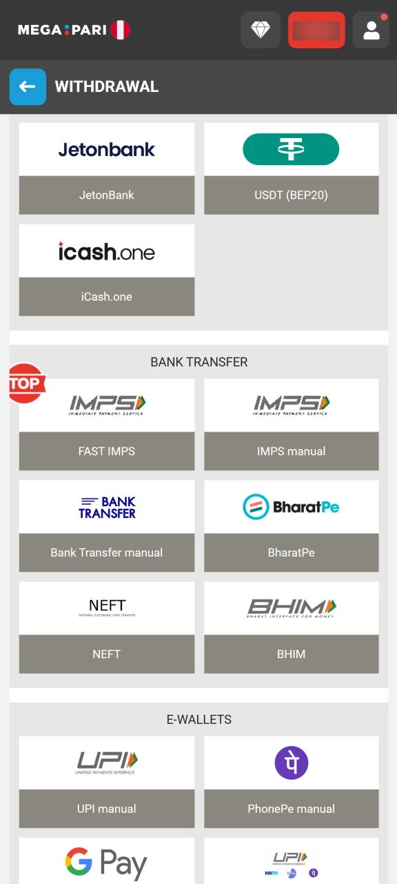 Select your withdrawal method and confirm the amount in Megapari.