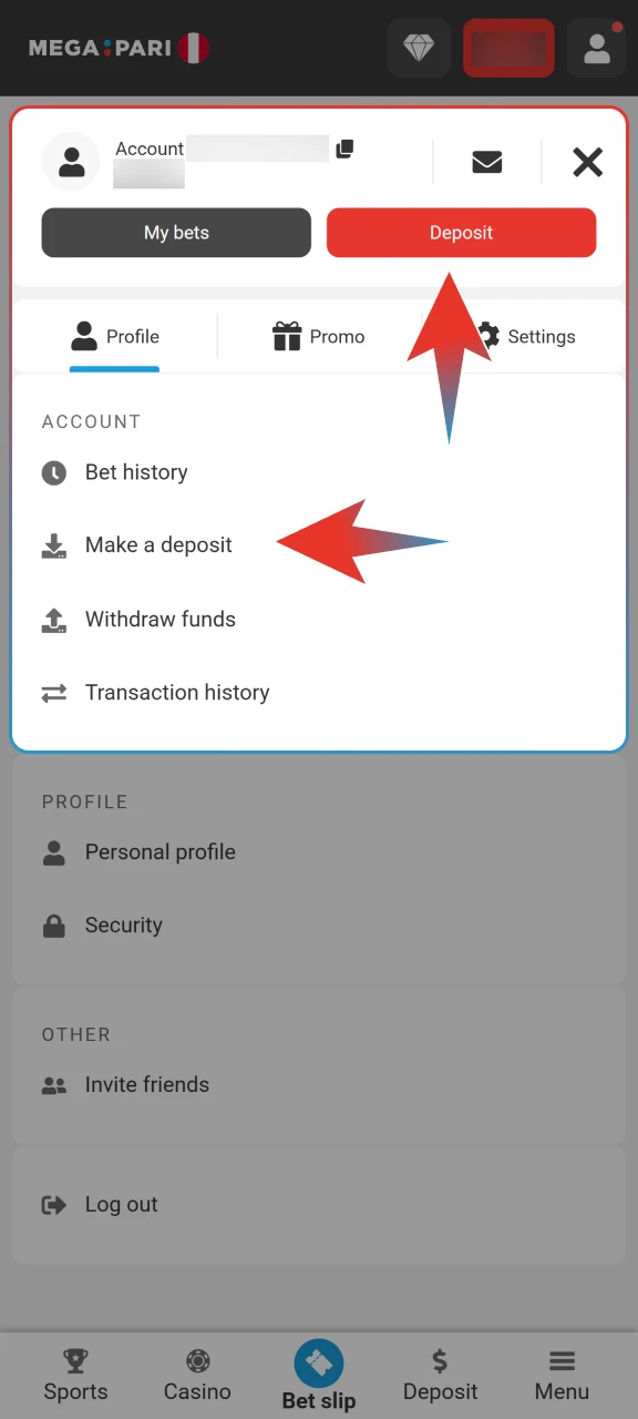 Log in and tap the deposit button in your Megapari account.