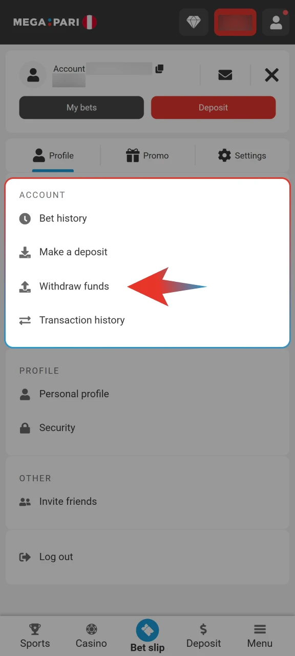 Navigate to the withdrawal section in your Megapari account menu.