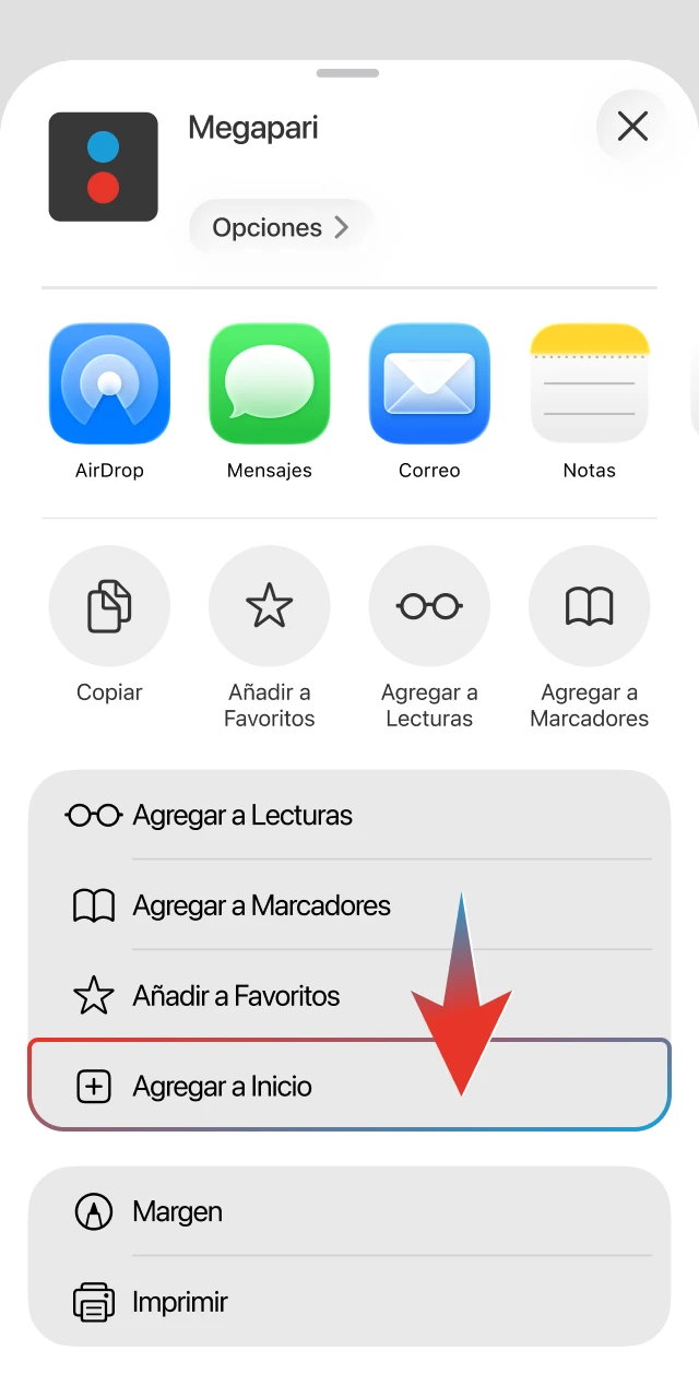 Presiona el icono de compartir en la parte inferior de tu iPhone para desplegar las opciones de la web de Megapari.