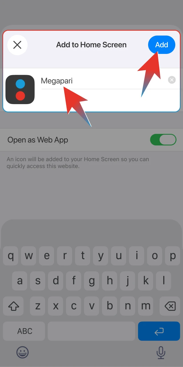 Select add to home screen to install the Megapari web app.