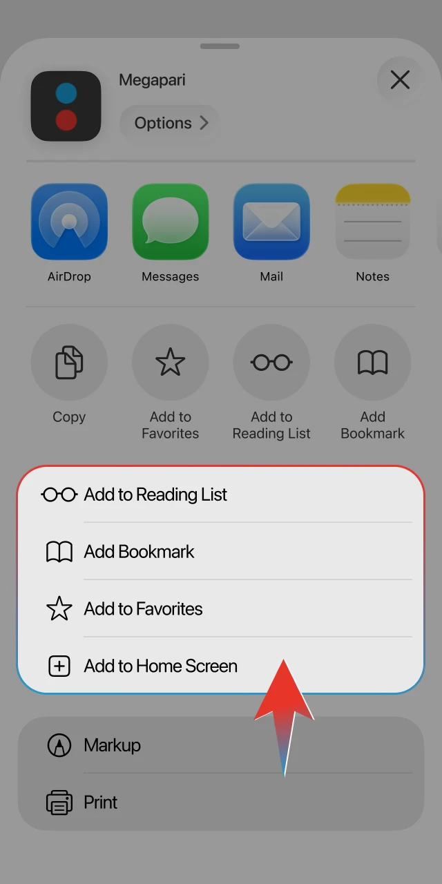 Use the Safari share icon to begin the Megapari PWA installation.