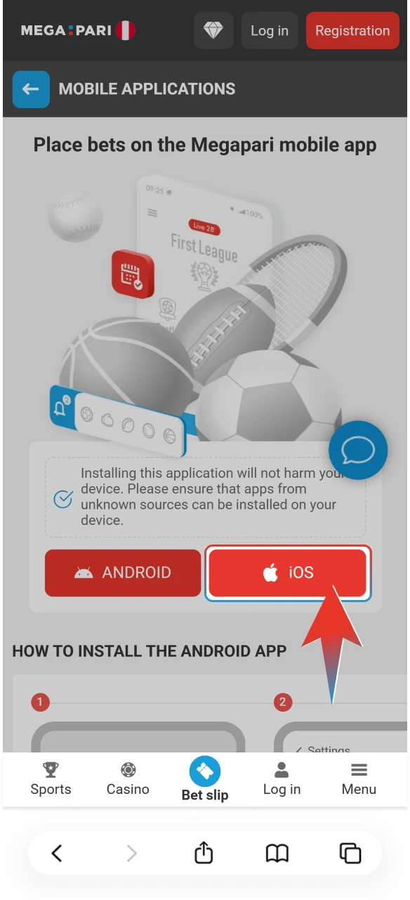 Tap the download link for iOS to start your Megapari setup.