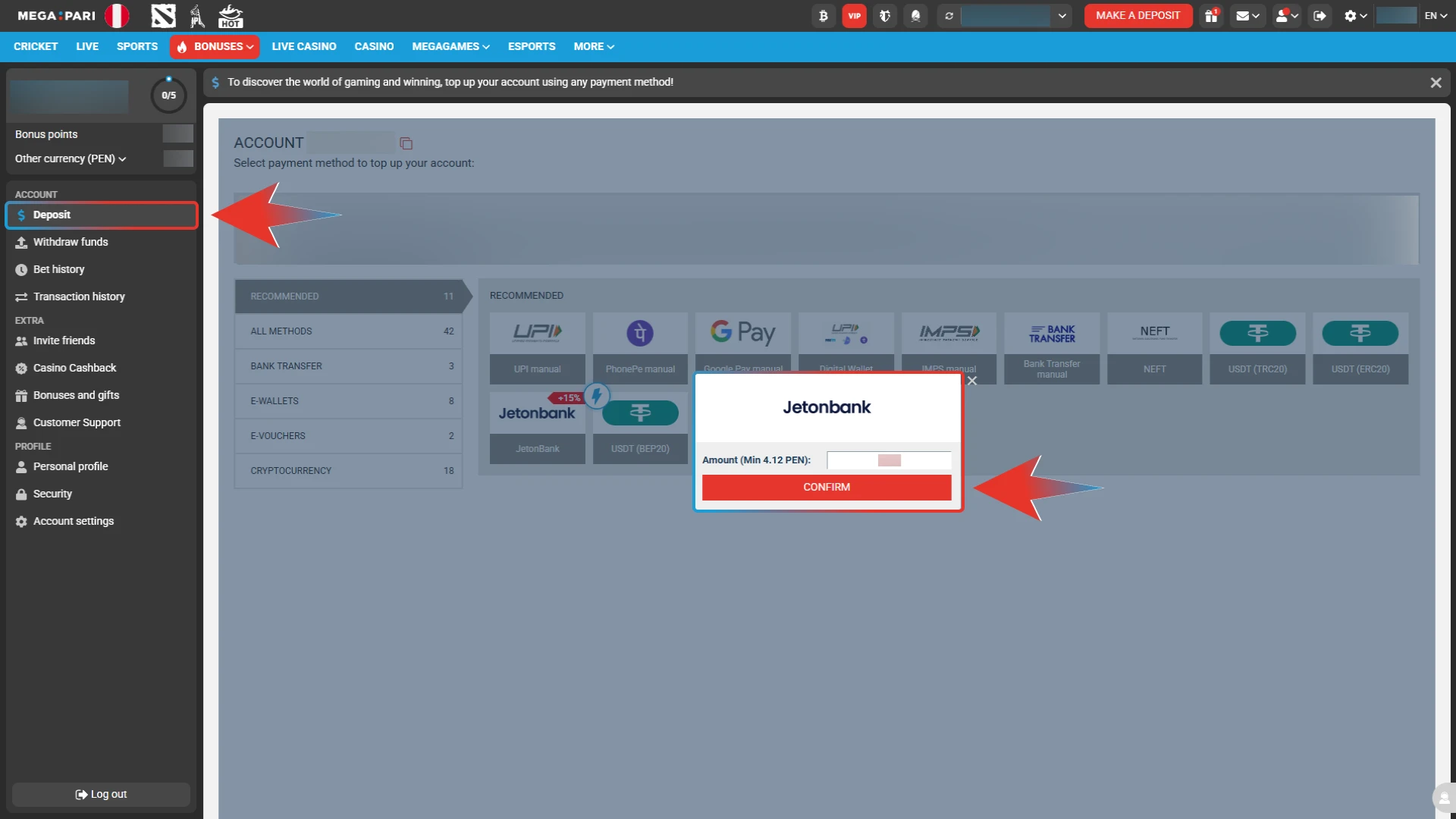Add funds to your account using secure payment methods in Megapari.
