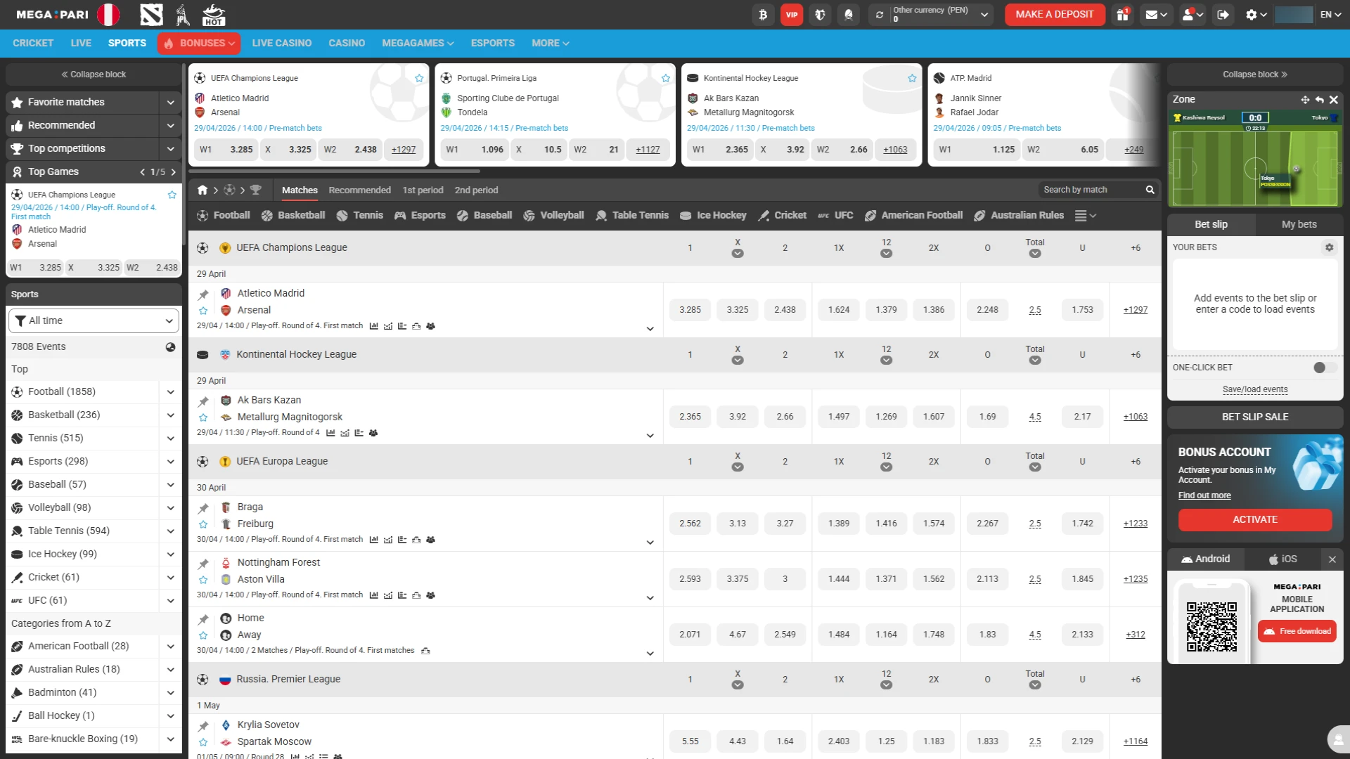 Explore the available sports and live events at Megapari.