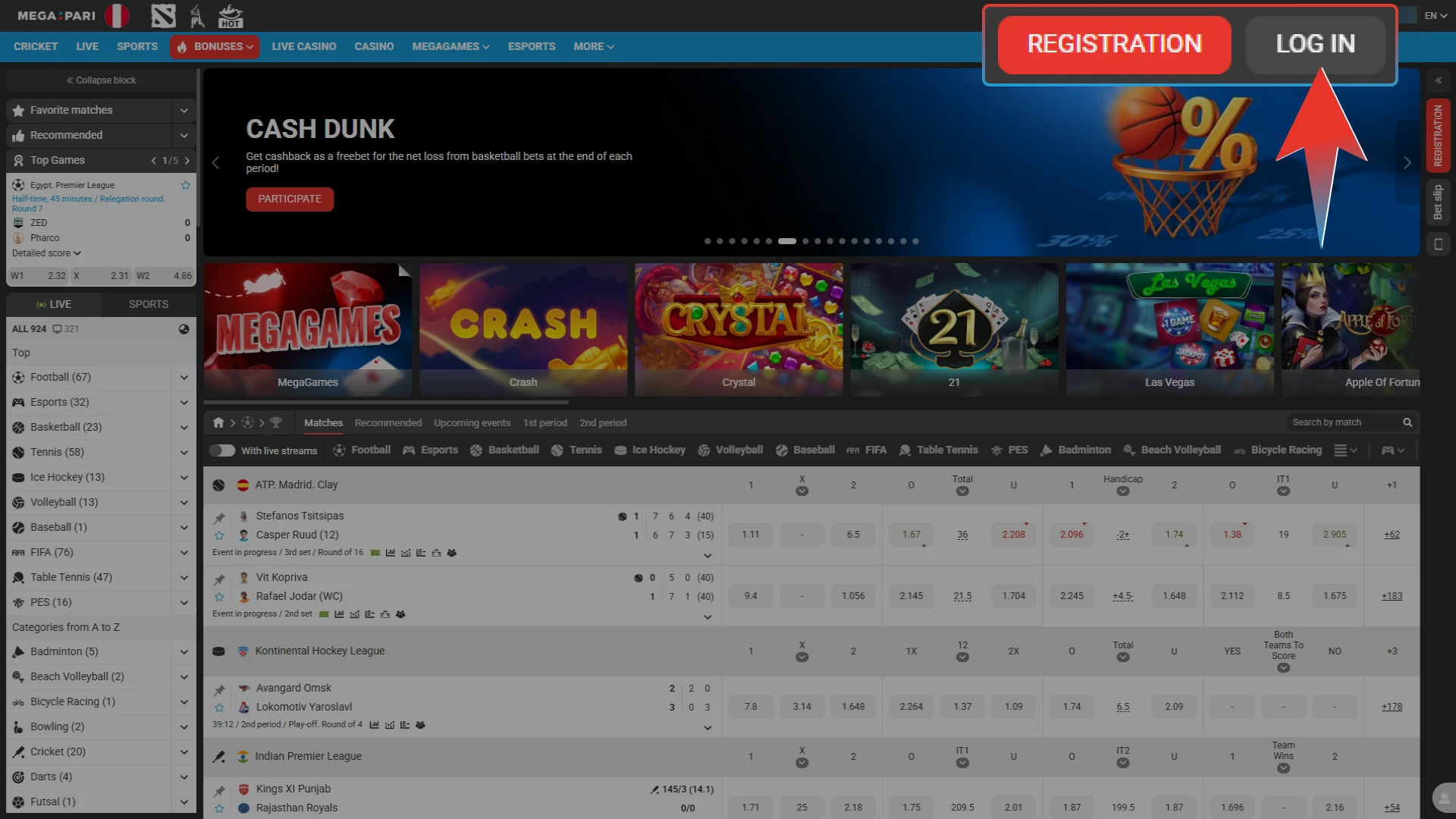 Click on the Log In button located at the top of the Megapari homepage.