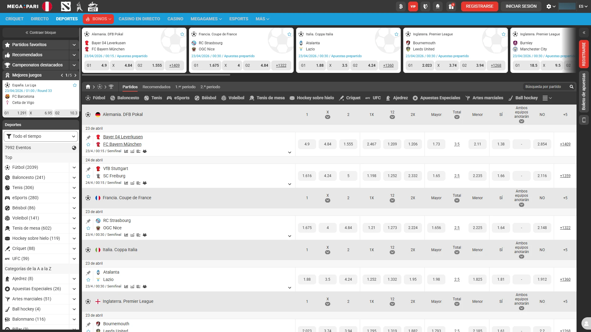 Accede a la sección de deportes de Megapari y encuentra las mejores cuotas para tus eventos favoritos.
