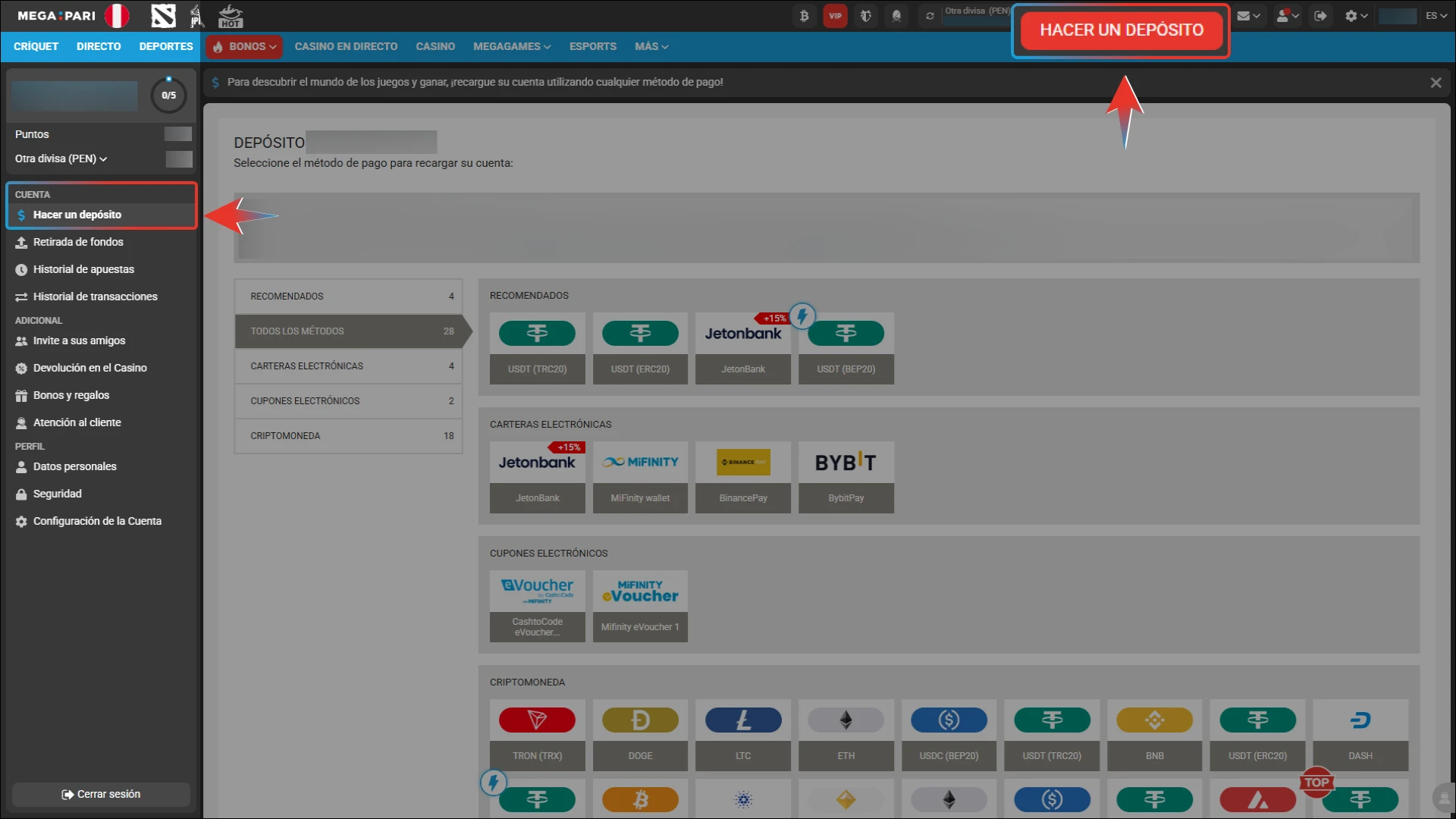 Dirígete al cajero de Megapari y recarga fondos utilizando tu método de pago preferido en soles.