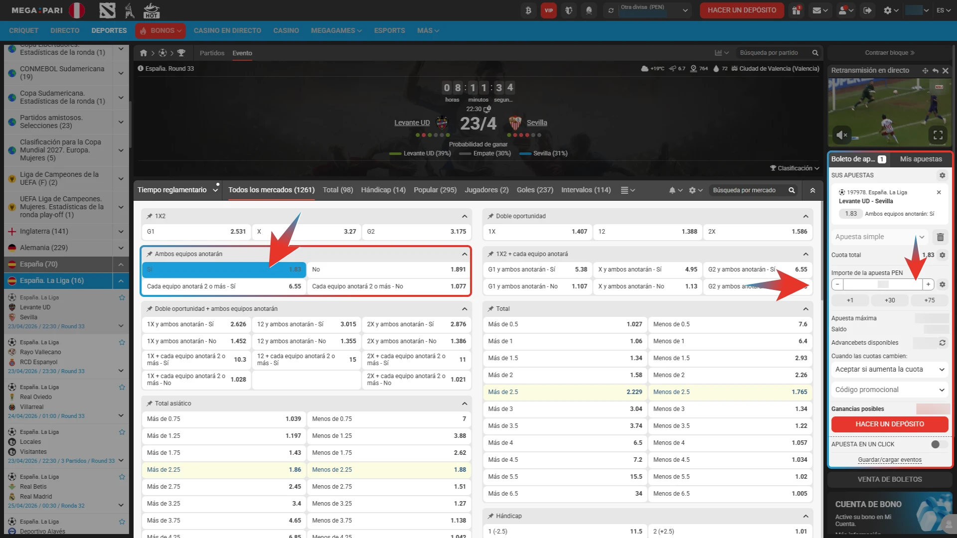 Haz clic en las cuotas deseadas para añadir tus pronósticos al boleto de apuestas de Megapari.