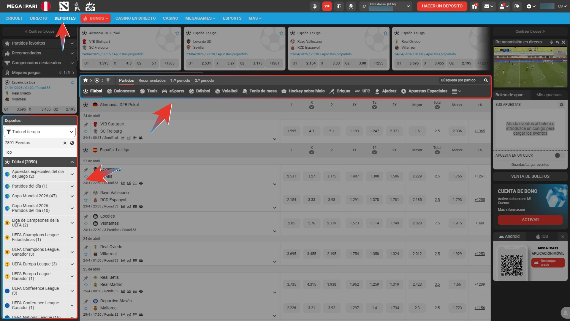 Explora la amplia cartelera deportiva de Megapari y selecciona el partido o competencia de tu interés.