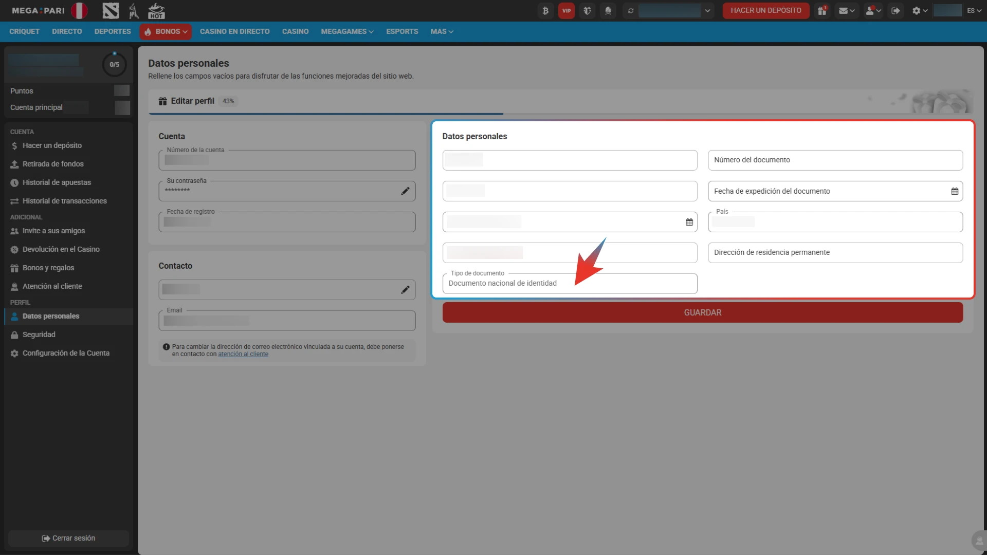 Sube una foto clara de tu DNI o pasaporte a la plataforma de Megapari para confirmar tu mayoría de edad e identidad legal.