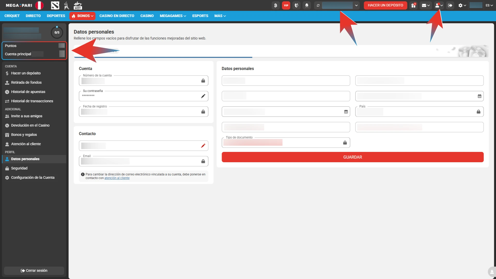 Dirígete a tu panel principal de Megapari para verificar tus fondos disponibles antes de empezar a apostar.