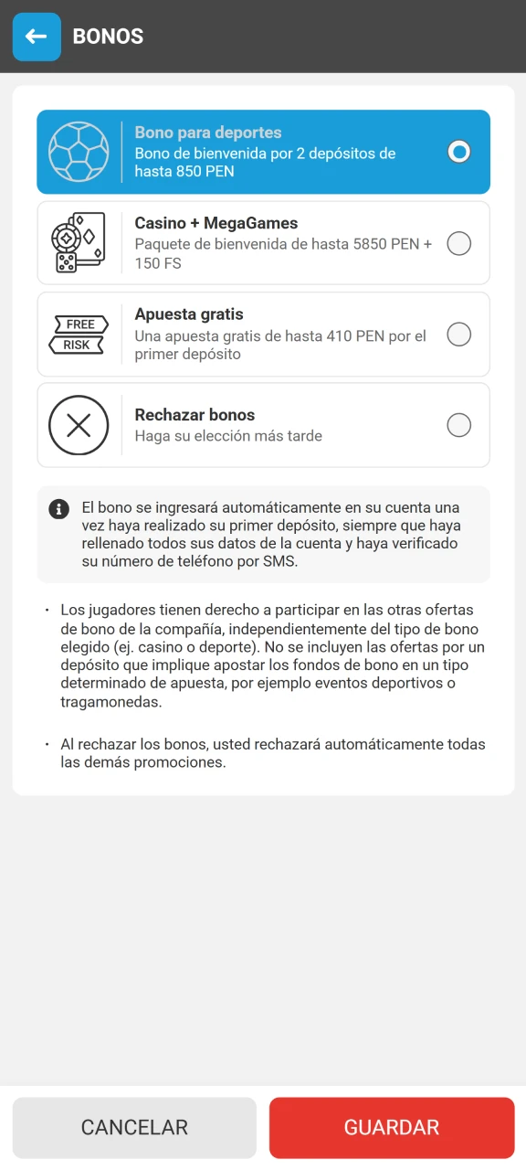 Marca la casilla de términos legales y elige tu bono de bienvenida preferido en la app de Megapari.