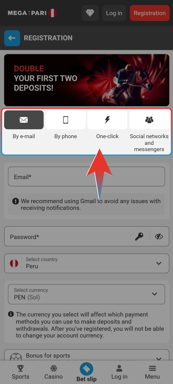Select your preferred registration method within the Megapari mobile application.