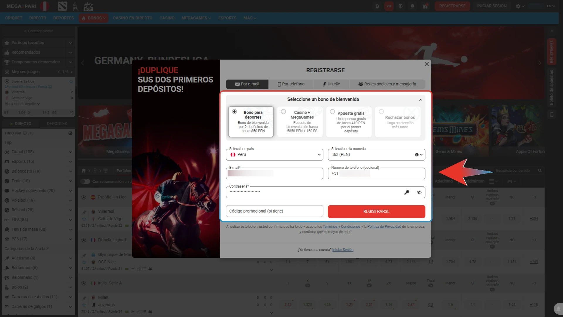 Ingresa tu información real, selecciona Perú como país y elige el Sol peruano en Megapari.