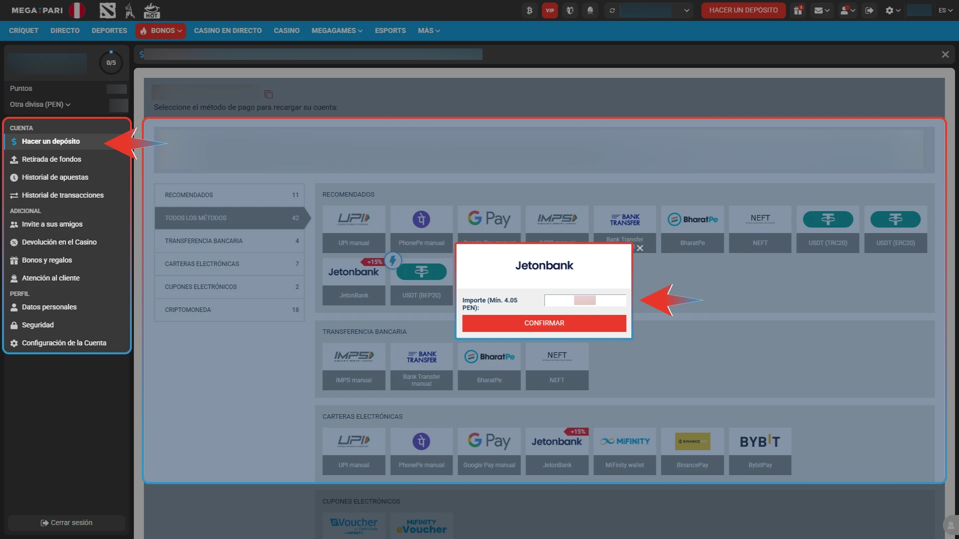 Realiza una recarga utilizando tu método de pago preferido cumpliendo con el monto mínimo en Megapari.