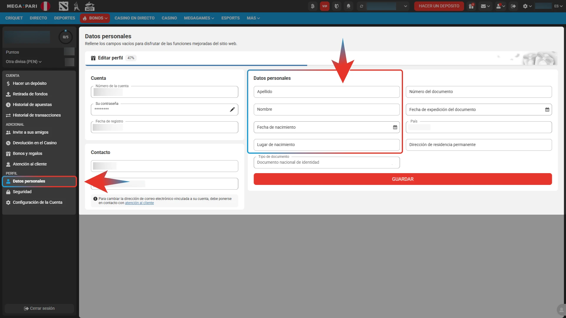 Registra tu nombre completo, nacimiento y número de identidad tal como aparecen en tus documentos para Megapari.
