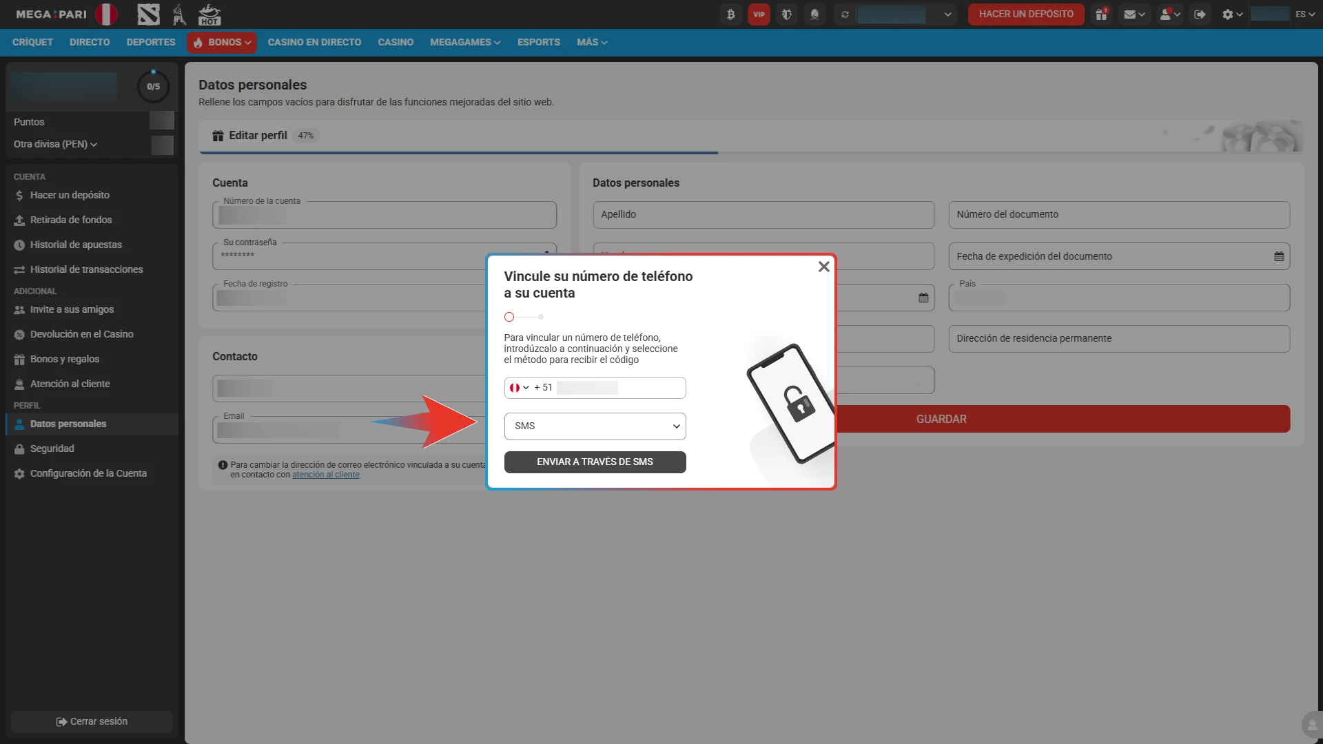 Introduce los códigos enviados a tu móvil y correo electrónico para certificar tus medios de comunicación en Megapari.