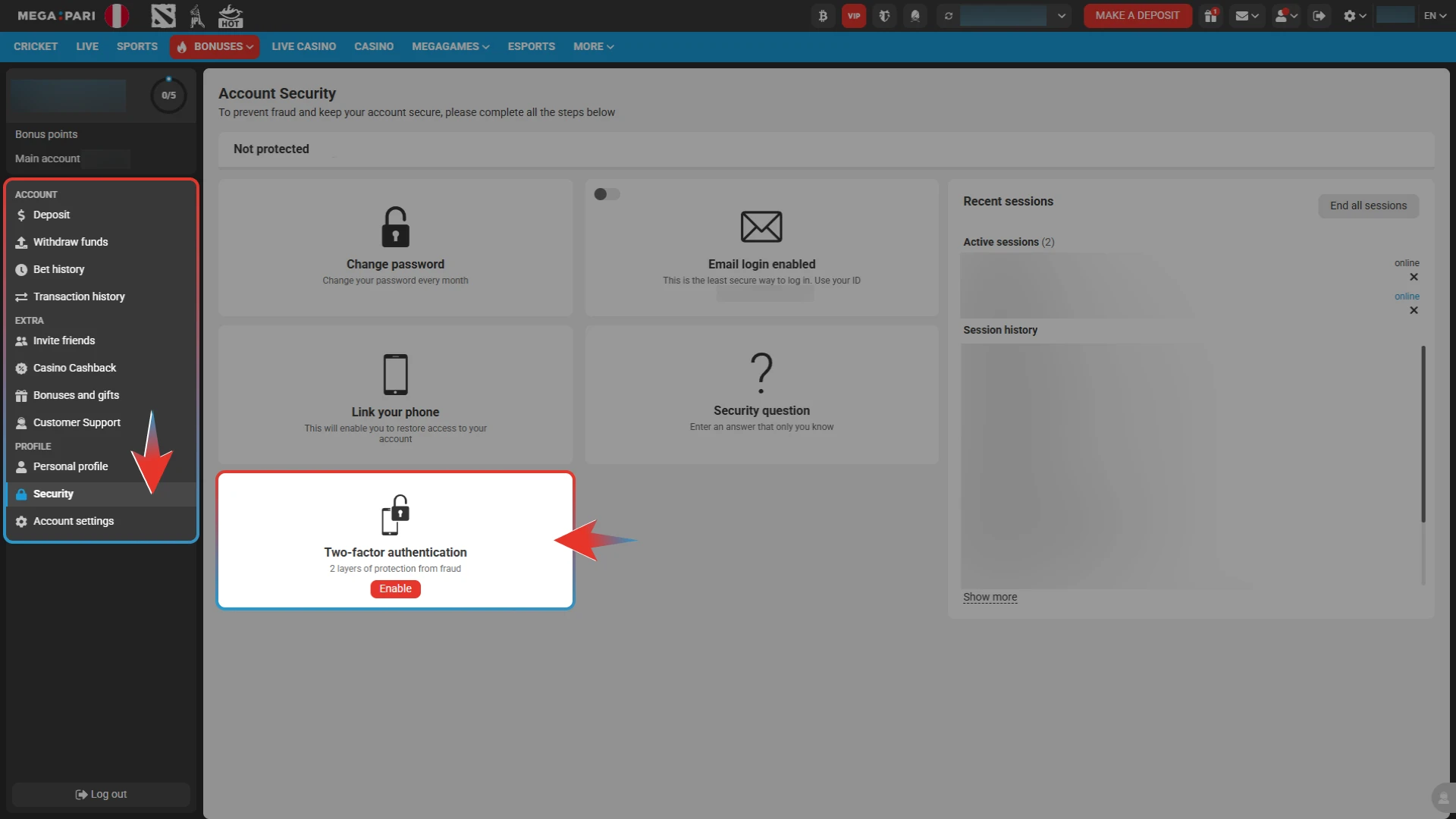Provide your 2FA code to securely log in to Megapari Peru.