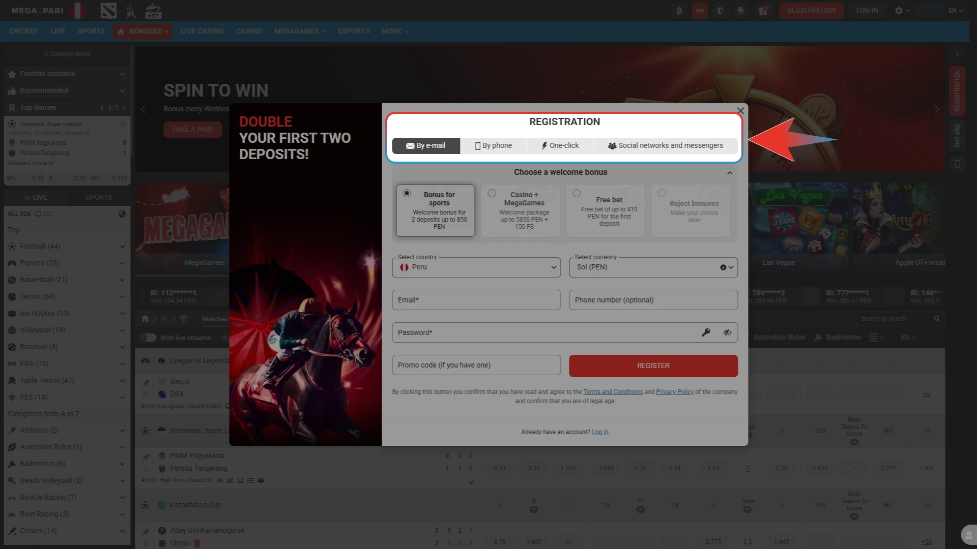 Select your preferred registration method to join Megapari Peru.