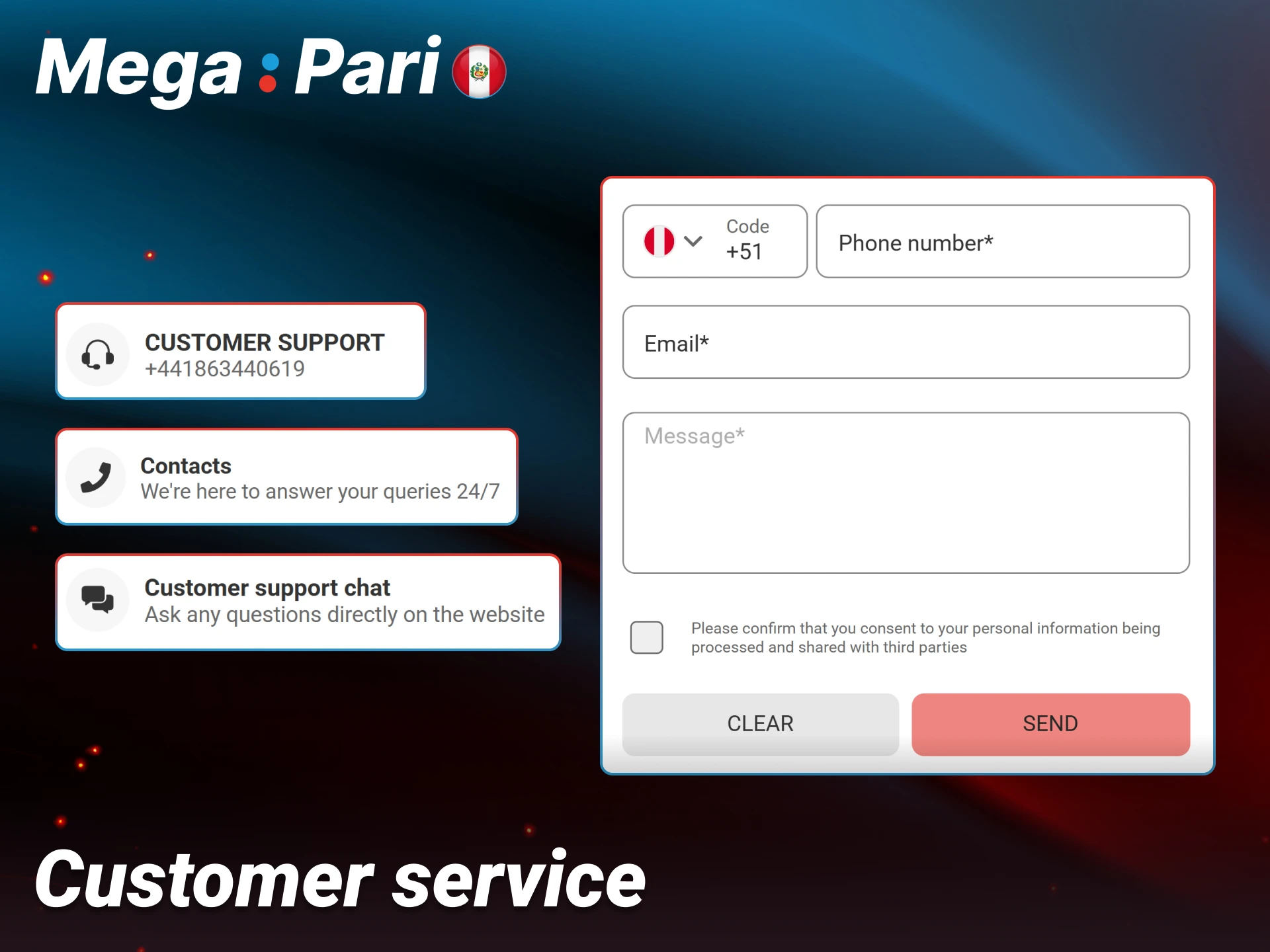 Contact Megapari customer service anytime for 24/7 support in Peru.