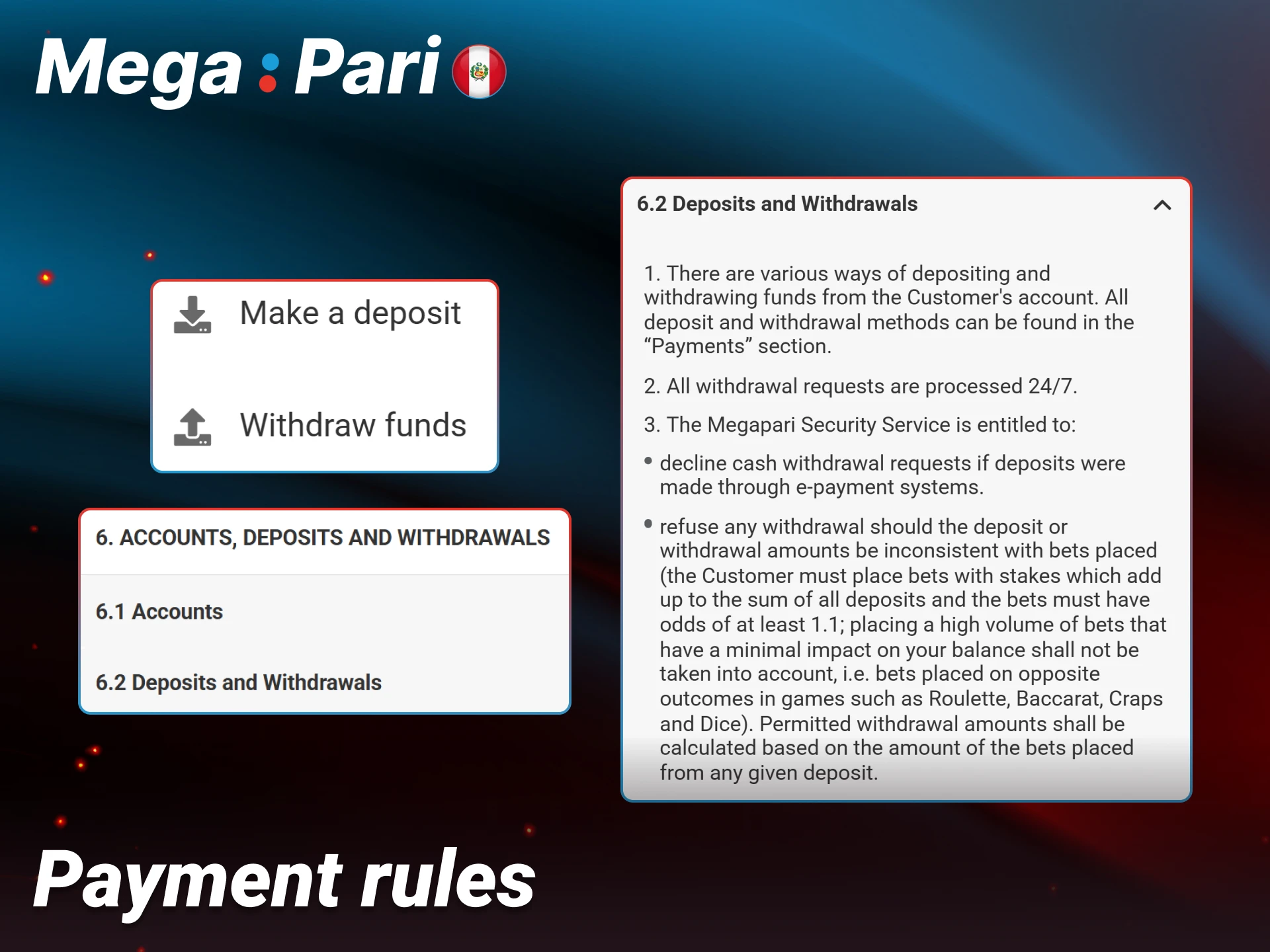 Review the payment rules and conditions for Megapari Peru players.