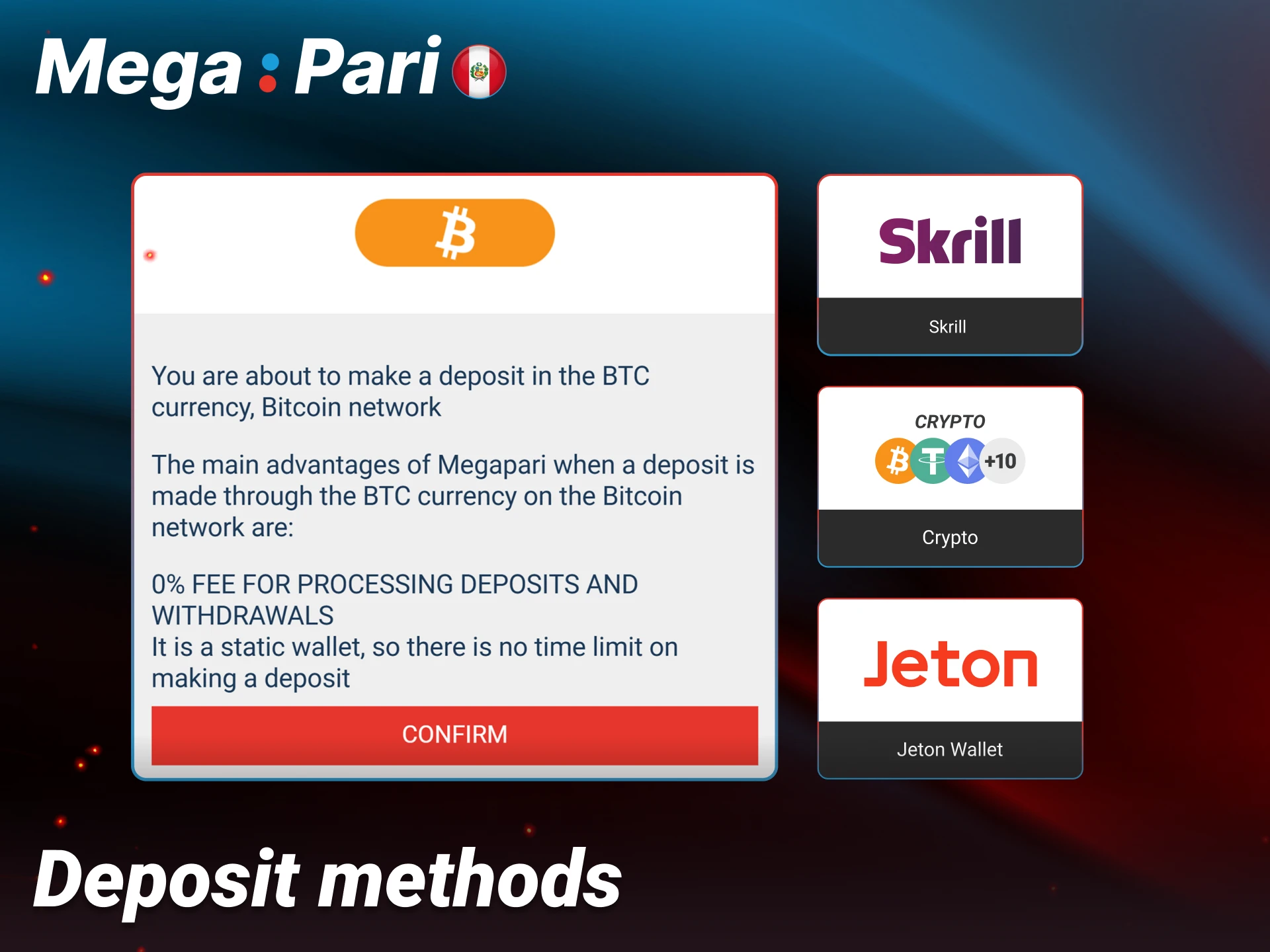 Choose from popular deposit methods like AstroPay at Megapari Peru.