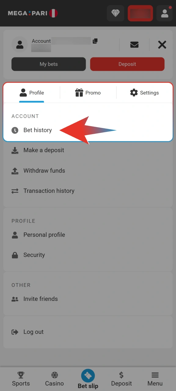 Review your active betting tickets in the Megapari my bets section.