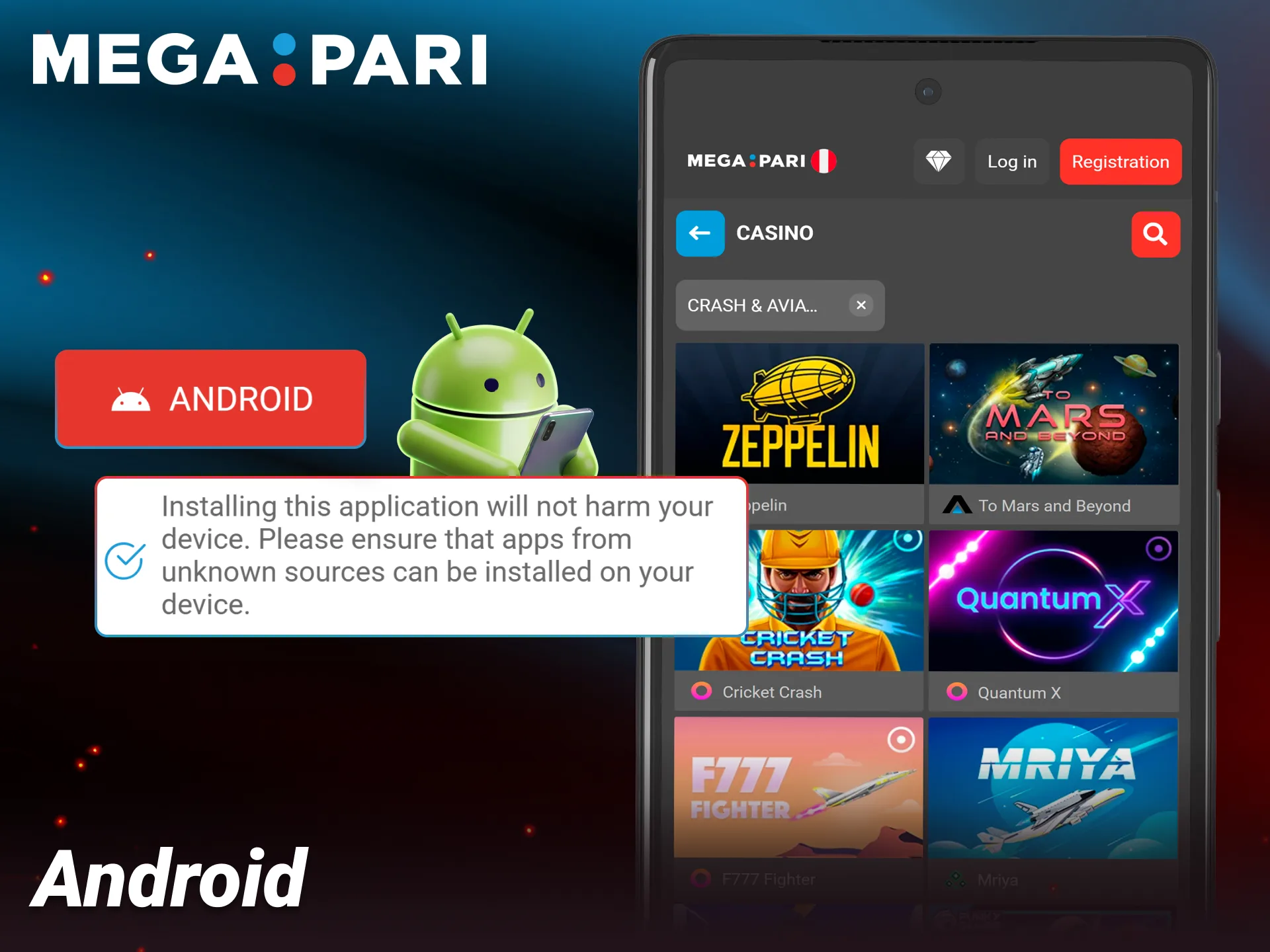 Download the official Megapari casino application on your Android phone.
