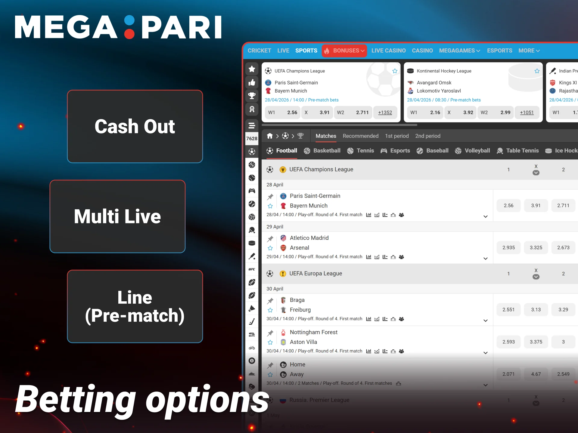 Explore top-rated sports betting markets and high odds at Megapari.