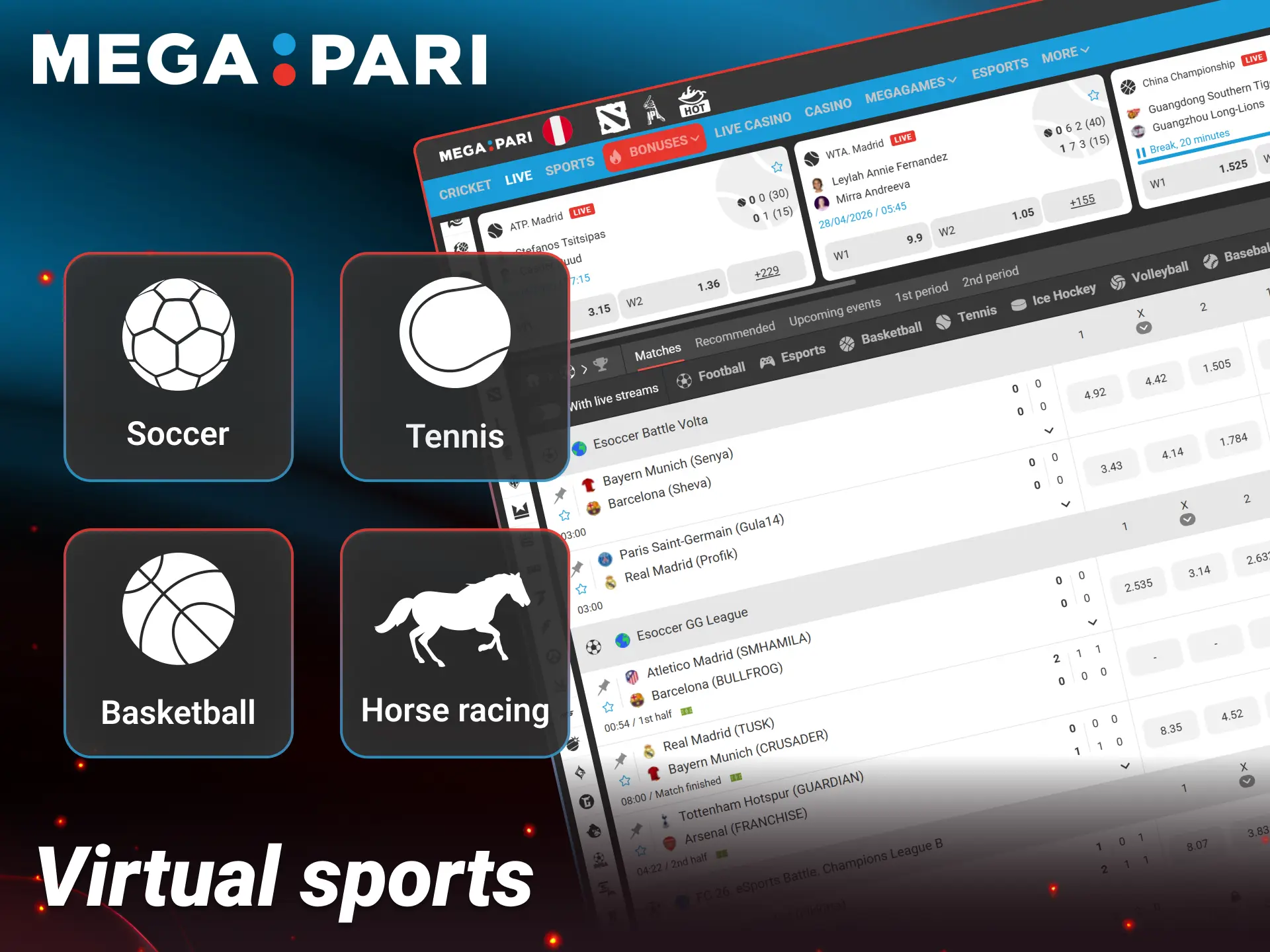 Bet on fast-paced virtual sports matches anytime at Megapari.