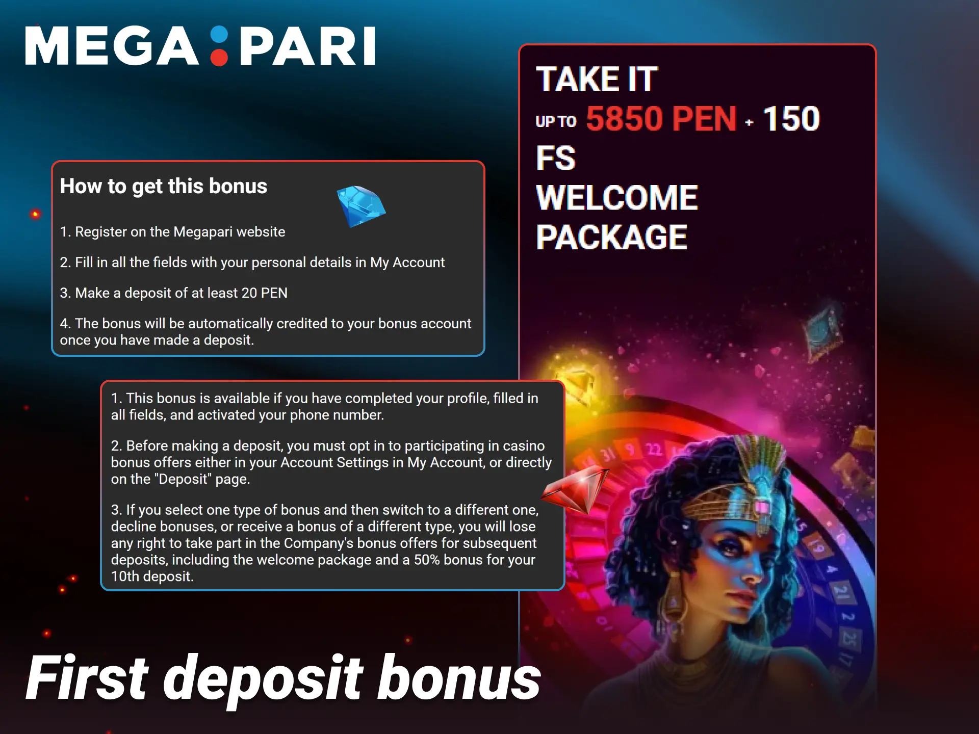 Make your first deposit to claim extra spins and bonuses on Megapari.